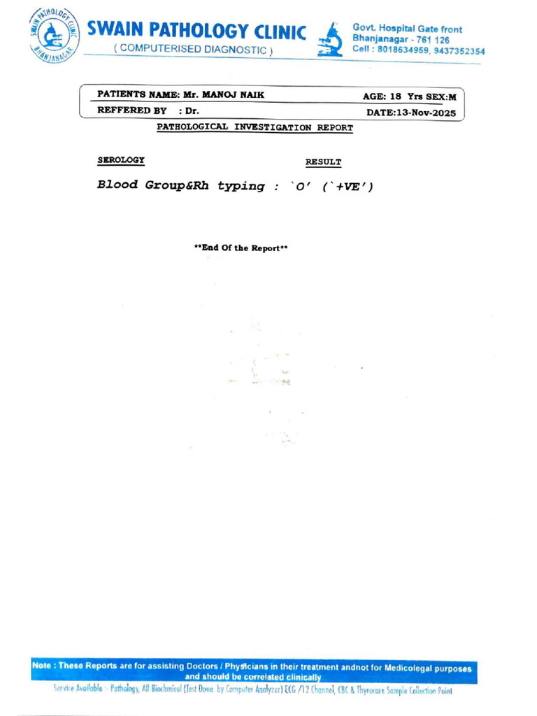 Medical Blood Group Sample Report | PDF