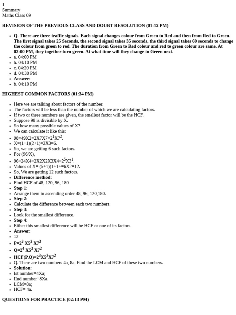 Maths Class 09: HCF and LCM Concepts | PDF | Numbers | Elementary ...