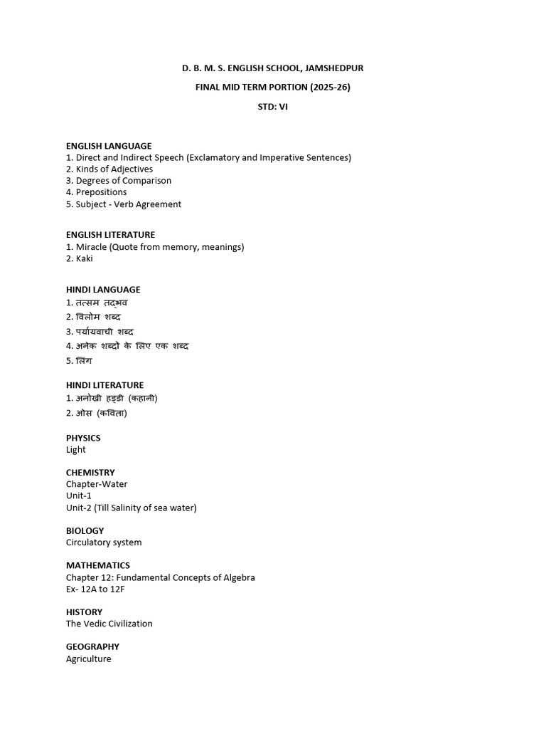 2025-26 Mid Term Exam Syllabus VI | PDF