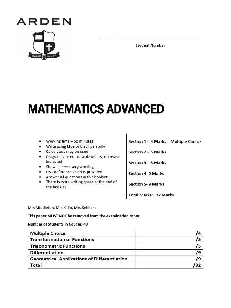 Year 12 Advanced Mathematics Exam | PDF | Function (Mathematics ...