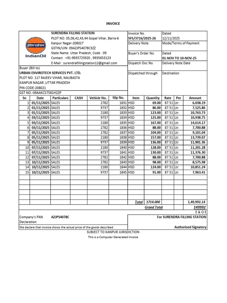 HSD Sales Invoice for Urban Envirotech | PDF | Invoice | Business