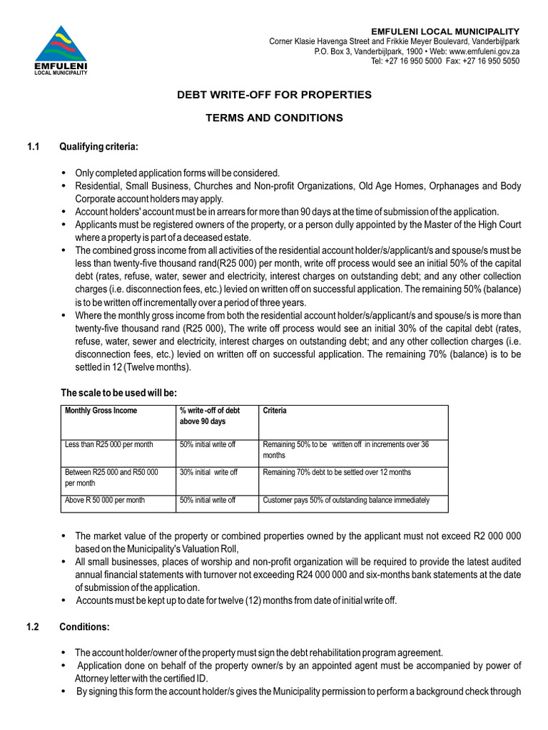 Elm Debt Write-Off For Properties Terms and Conditions | PDF | Debt ...