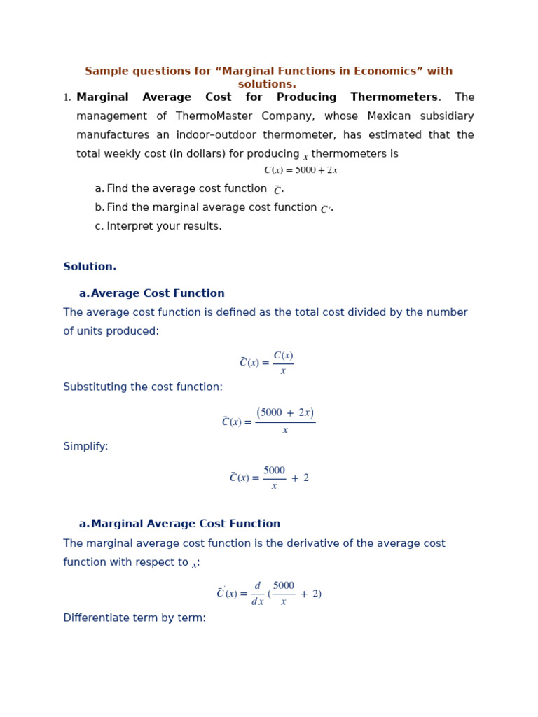 Marginal Functions in Economics Explained | PDF | Profit (Economics ...