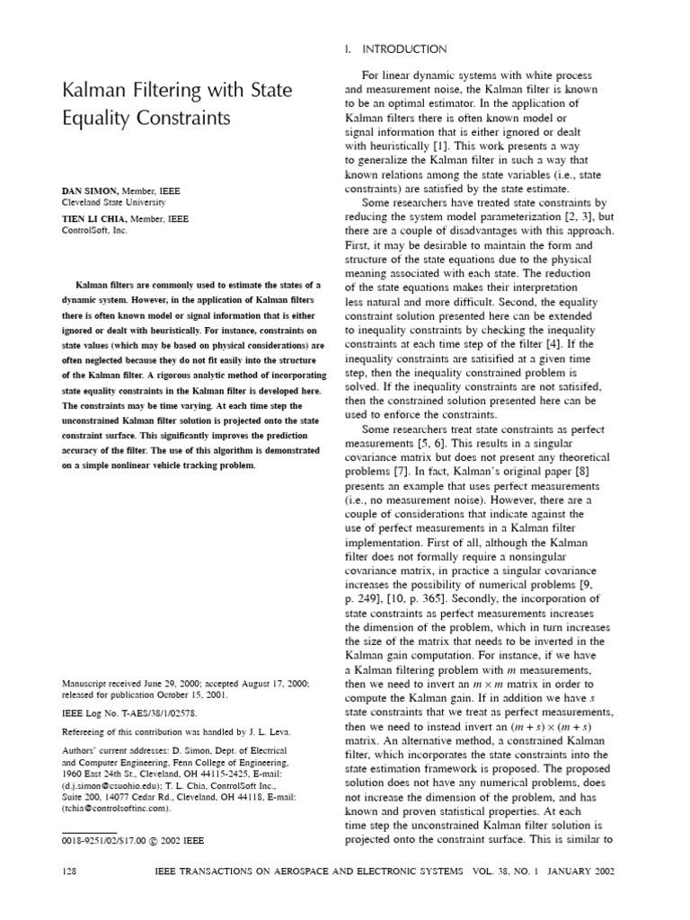 Kalman Filtering With State Equality Constraints | PDF | Kalman Filter ...