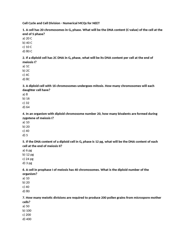 12 Neet Worksheet Numericals Cell Cycle and Cell Division | PDF ...