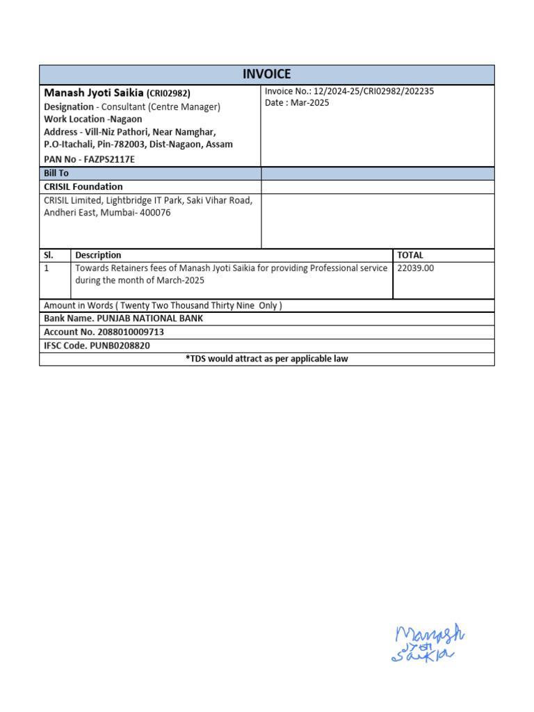 Invoice: Manash Jyoti Saikia | PDF