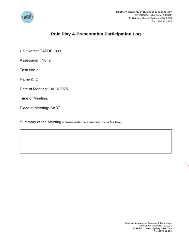 TAEDEL803 Role Play Log - SABT | PDF