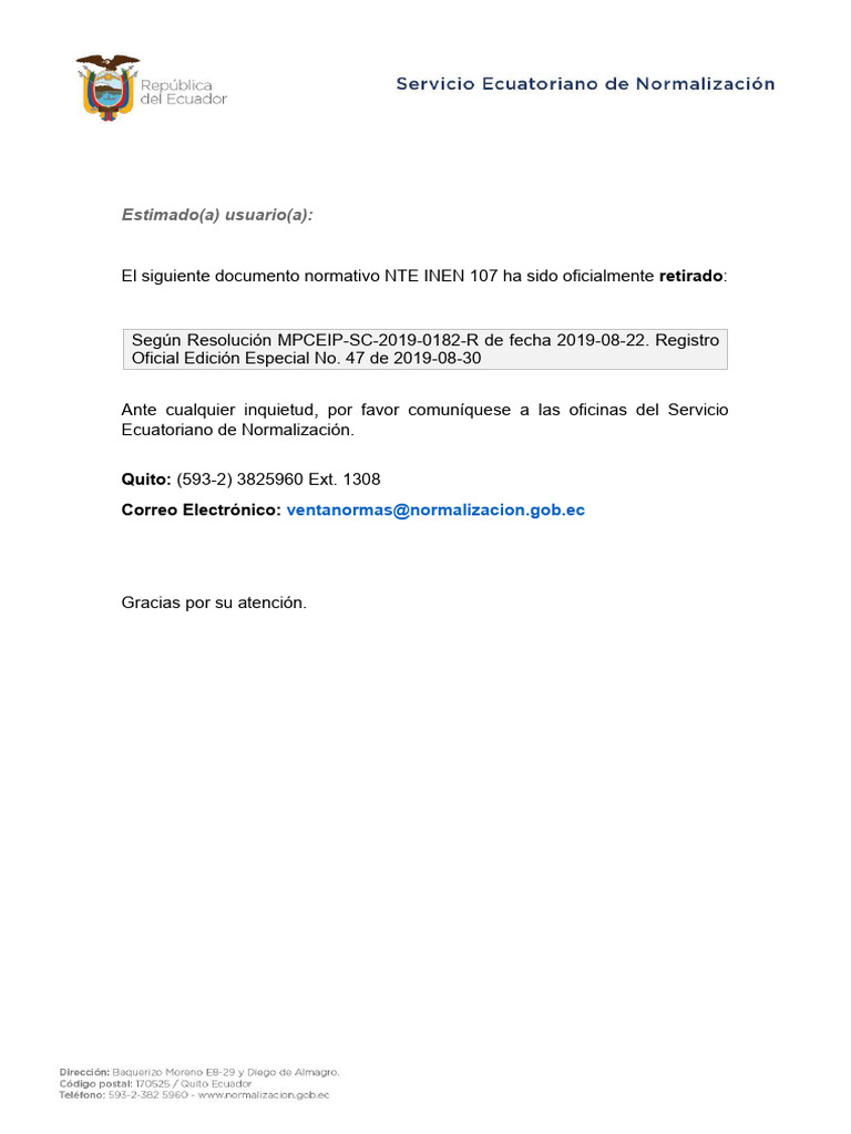 NTE INEN 107 Retirado Oficialmente | PDF