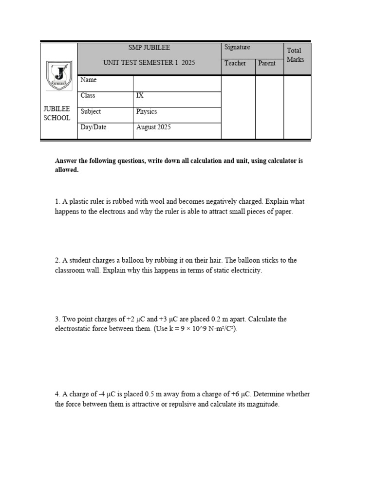 Grade9 Physics Unit Test Print | PDF