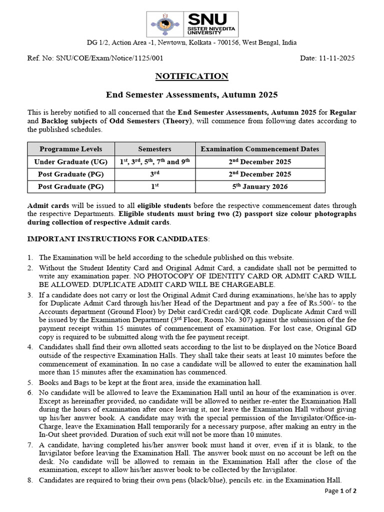 End Semester Assessment - Autumn 2025 - Notification For Students | PDF ...