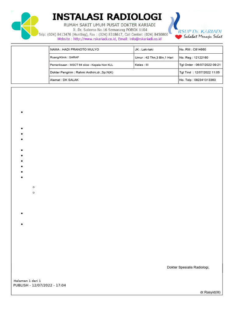 Hasil Radiologi Hadipranotomulyo Msct64slice Kepalanonkll | PDF