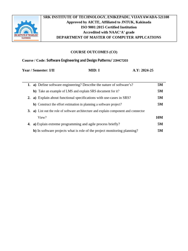 Software Engineering Course Outcomes | PDF