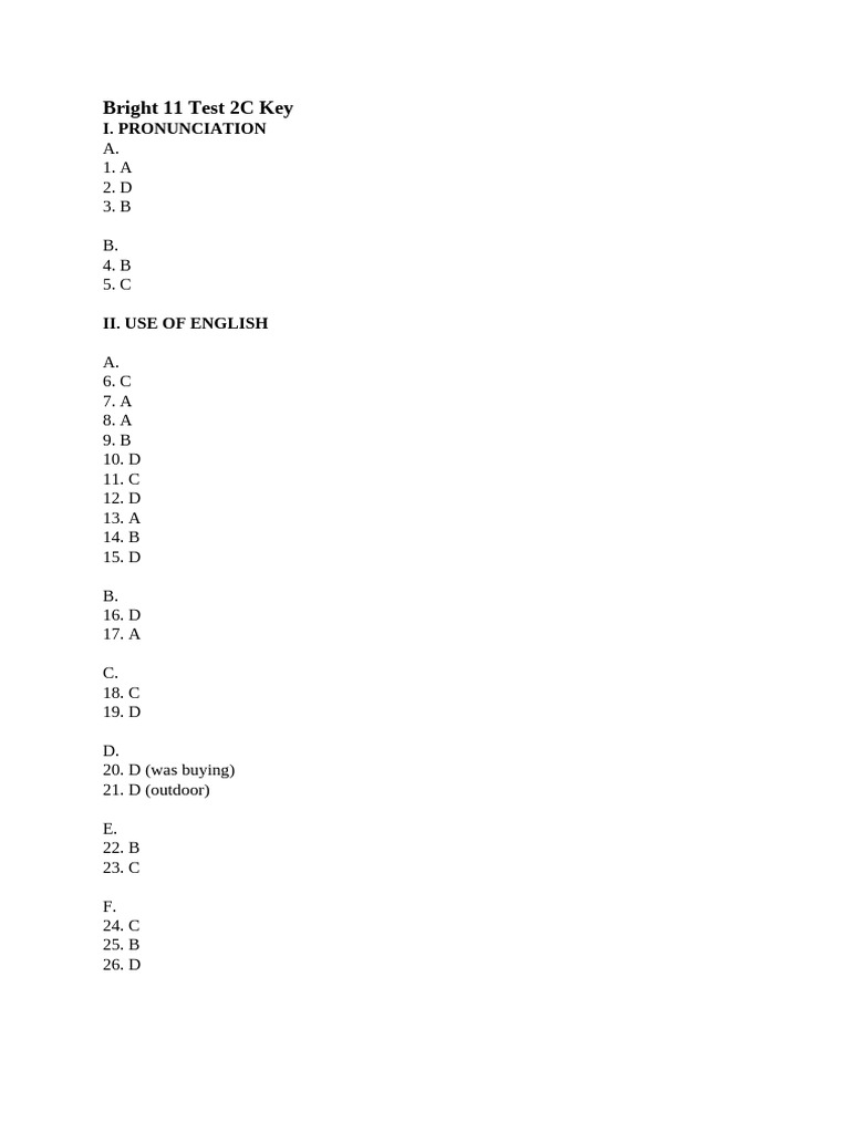 Bright 11 Test 2C Answer Key (18!1!2023) | PDF