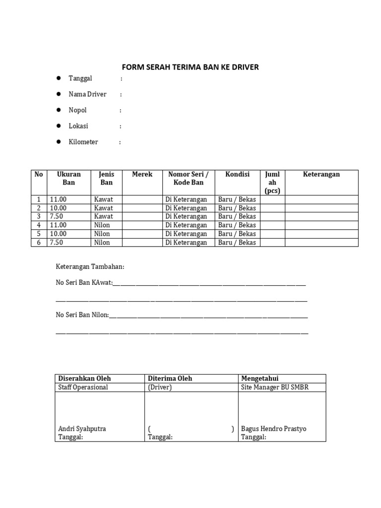 Form Serah Terima Ban untuk Driver | PDF