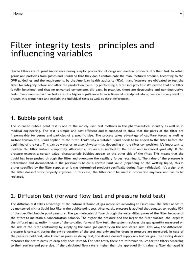 Filter Integrity Tests Explained | PDF | Diffusion | Gases