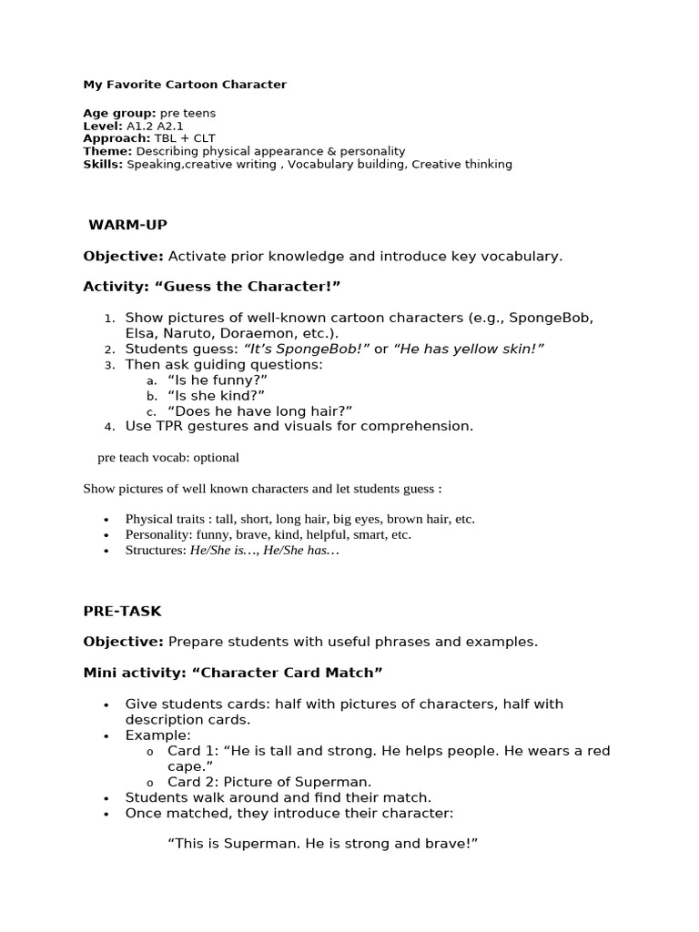 Describing Cartoon Characters for Kids | PDF | Human Communication ...