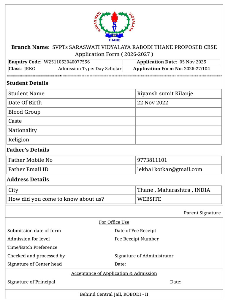 JRKG Admission Form for SVPTs School | PDF