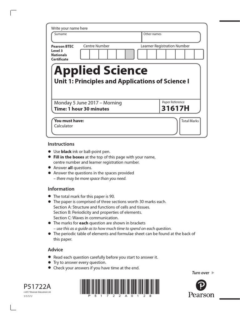 BTEC Level 3 Applied Science Exam Paper | PDF | Chemical Synapse | Neuron