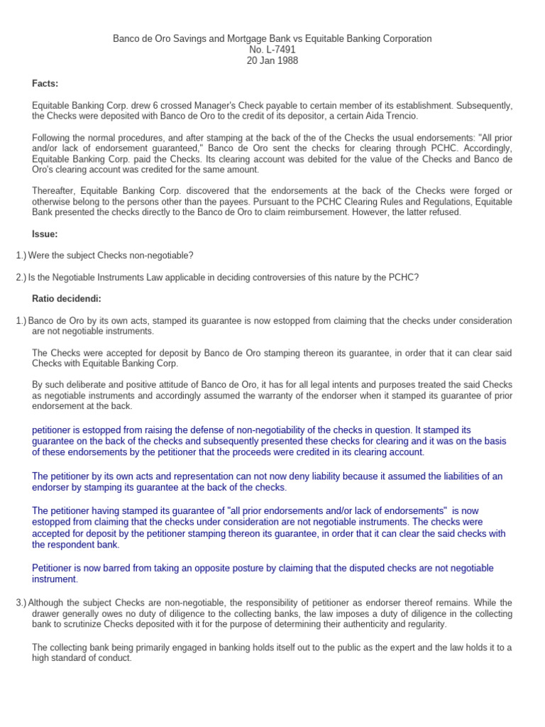 Banco de Oro vs Equitable Bank Case Analysis | PDF | Banks | Negotiable ...