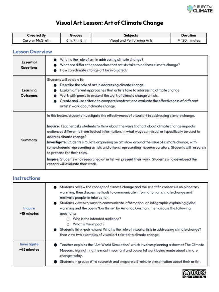 Climate Change Art Lesson Plan | PDF | Reading Comprehension | Teachers