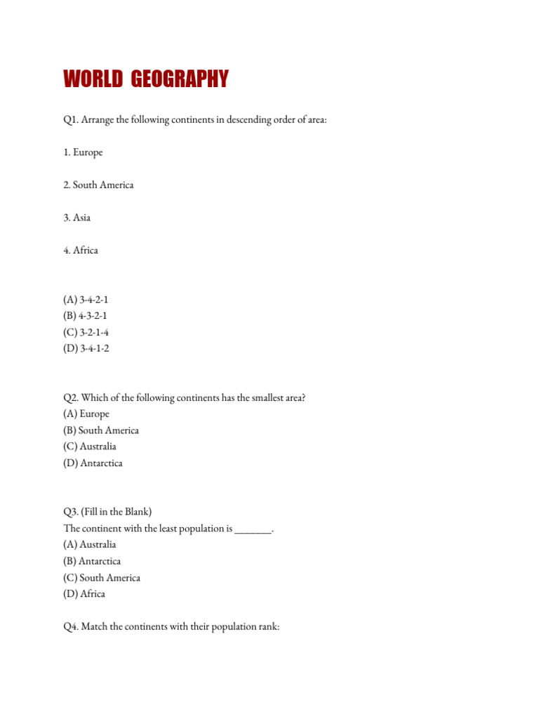 World Geography Quiz: Continents and Peaks | PDF | Plateau | Physical ...