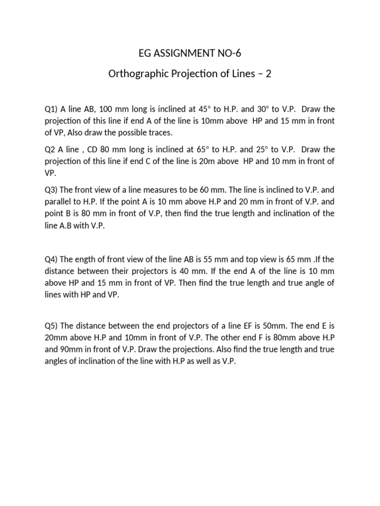 Eg Assignment No-6 Orthographic Projection of Lines - 2 | PDF