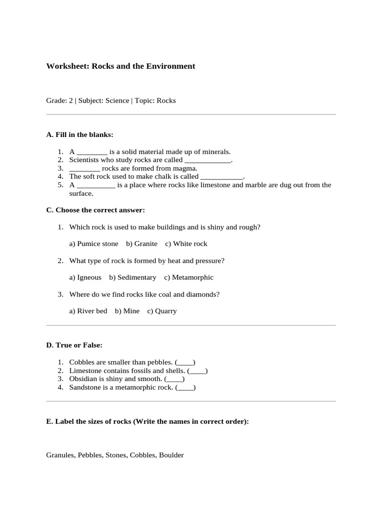 Rocks and Environment Worksheet for Grade 2 | PDF