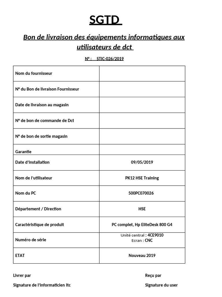 Bon de livraison équipements informatiques | PDF