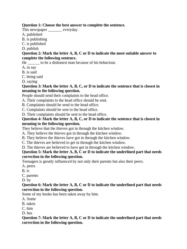 English Grammar Multiple Choice Quiz | PDF
