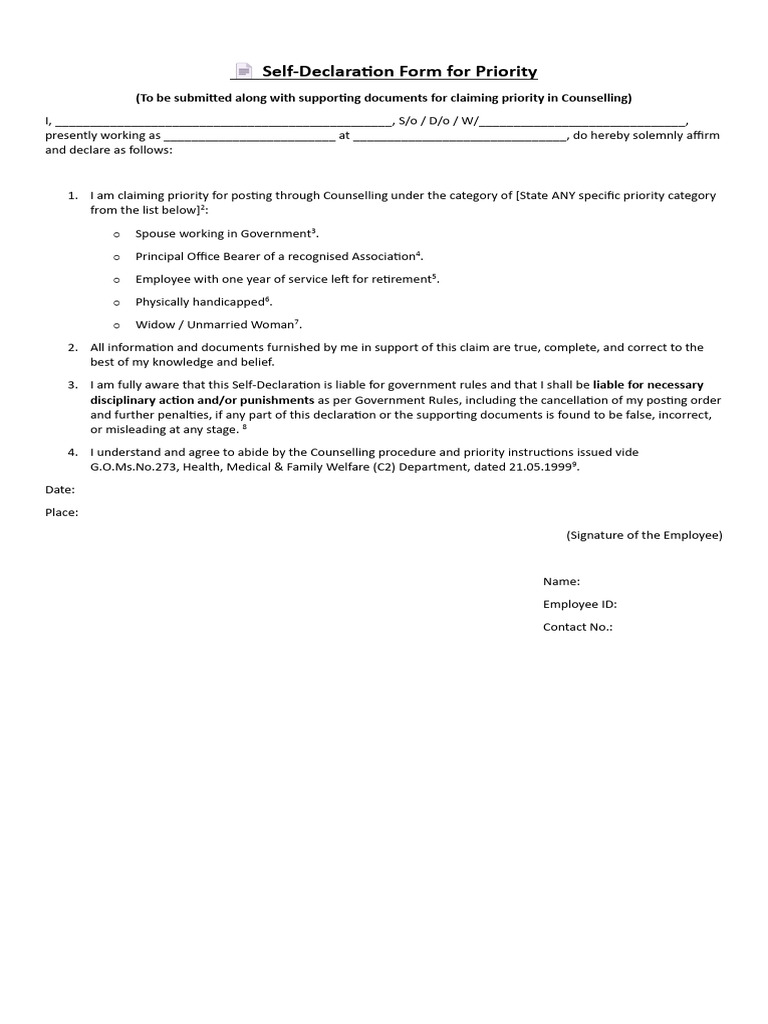 Self-Declaration for Counselling Priority | PDF