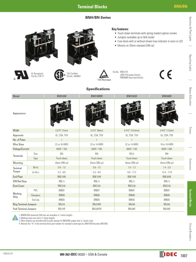 Terminal Block BN-BNHSeries IDEC | PDF | Fuse (Electrical) | Components