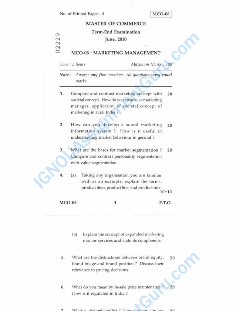 Marketing Management Exam Questions Guide | PDF | Marketing | Brand