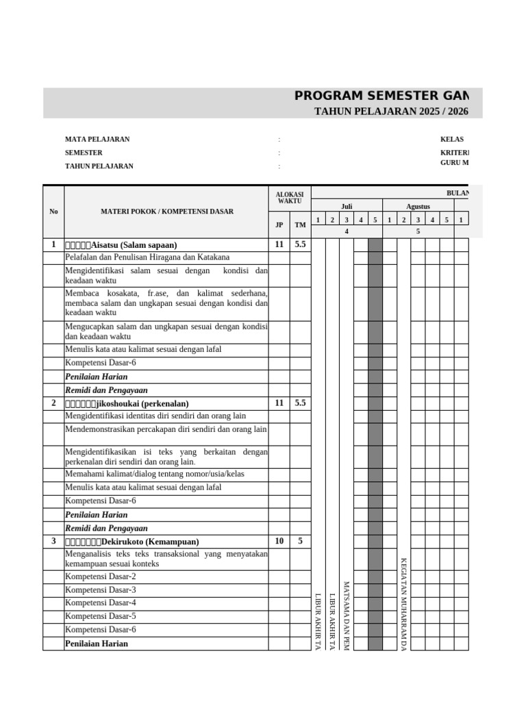 Rencana Program Semester 2025/2026 | PDF