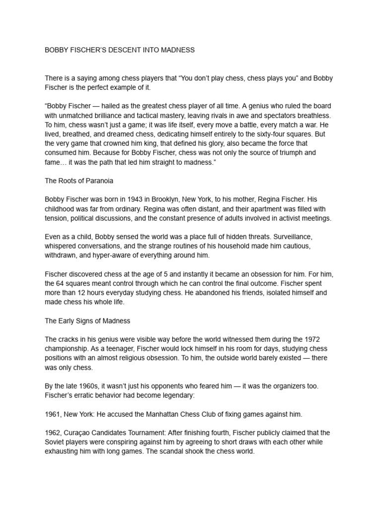 Bobby Fischer: Genius to Paranoia | PDF | Chess