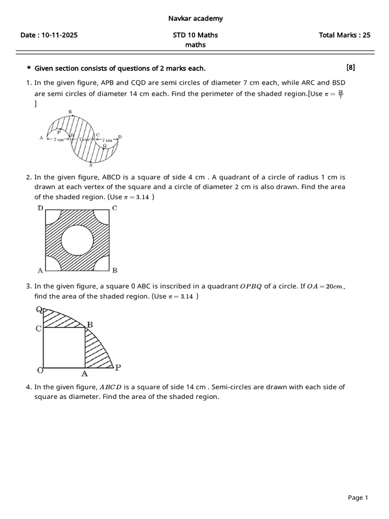 STD 10 Maths Shaded Area Problems | PDF | Circle | Area