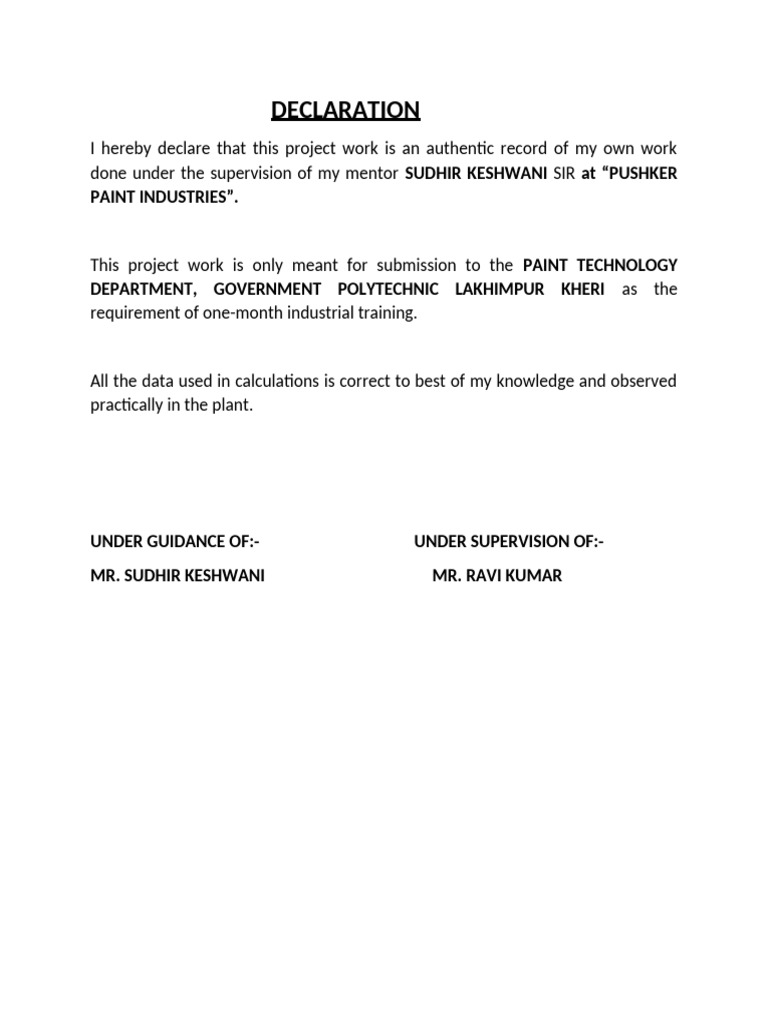 Project Declaration for Paint Technology Training | PDF
