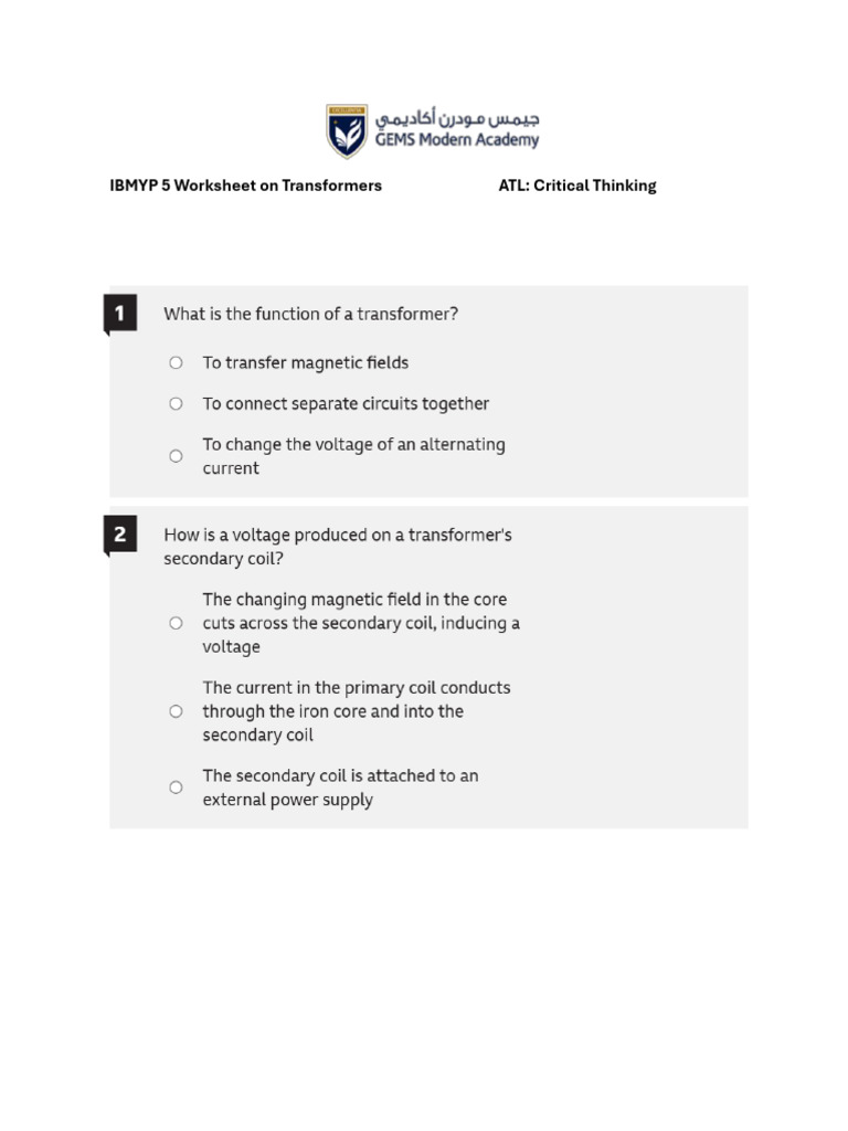 IBMYP 5 Transformer Worksheet Answers | PDF