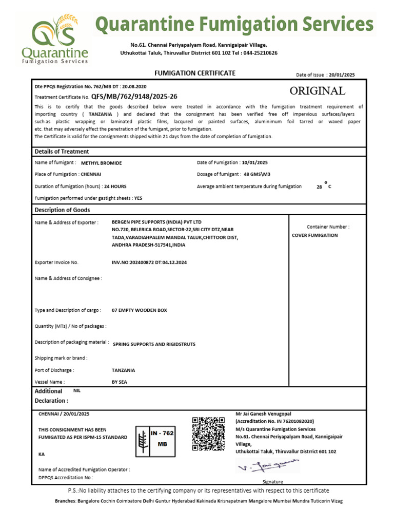 Fumigation Certificate for Tanzania Shipment | PDF