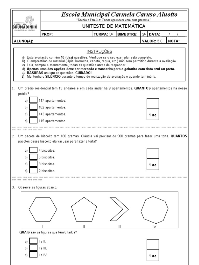 Uniteste - Ana Maria - Matemática - 5º Ano - 2012 | PDF | Business