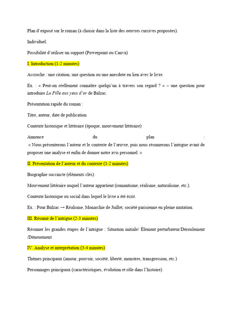 Plan d'exposé sur un roman choisi | PDF
