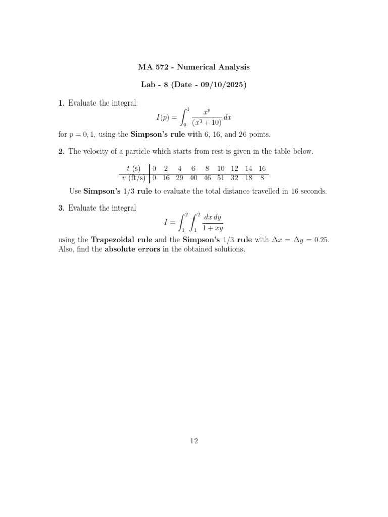 Numerical Analysis Lab: Integrals & Distance | PDF