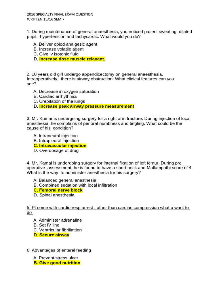 Specialty - Written 1516 Sem 7 | PDF | Anesthesia | Eye