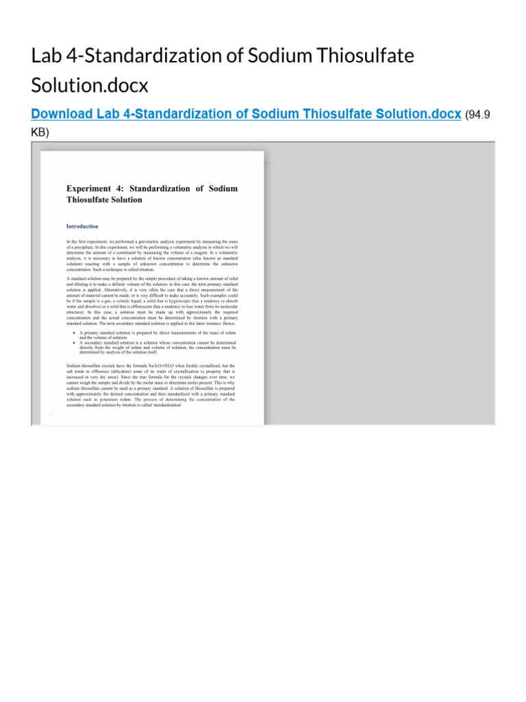 Lab 4-Standardization of Sodium Thiosulfate Solution - Docx - CHEM 101 ...