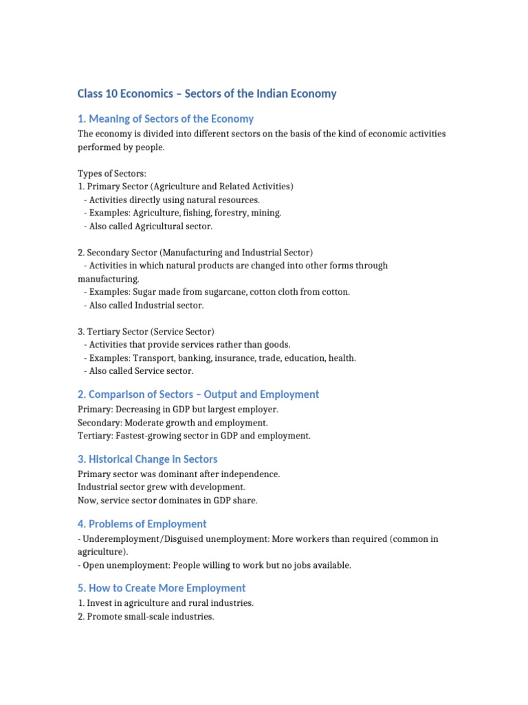 Class10 Economics Sectors of Economy Notes-1 | PDF | Employment | Gross ...