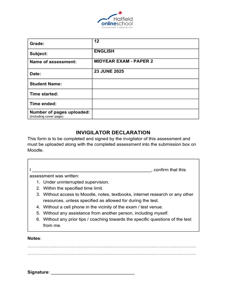 Invigilator Declaration for Exams | PDF | Essays | South Africa