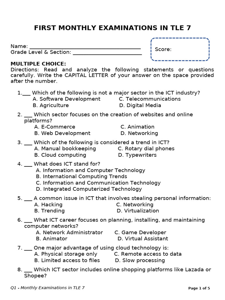 First Monthly Exam in Tle 7 | PDF | Educational Technology | Internet