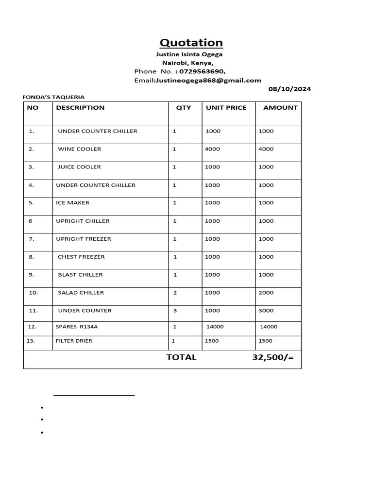 Quotation for Kitchen Refrigeration Equipment | PDF