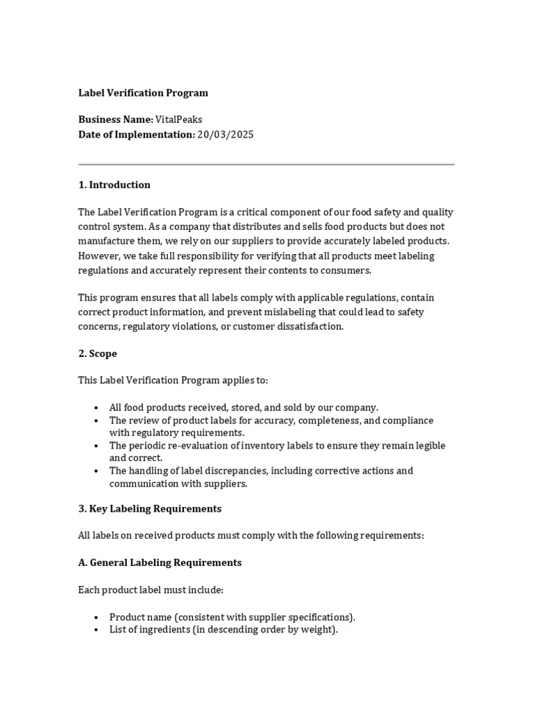 VitalPeaks Label Verification Program | PDF | Regulatory Compliance ...