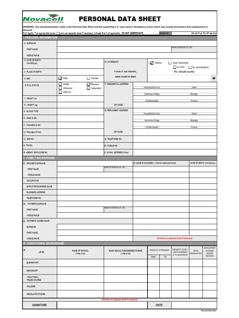 Personal Data Sheet Template | PDF
