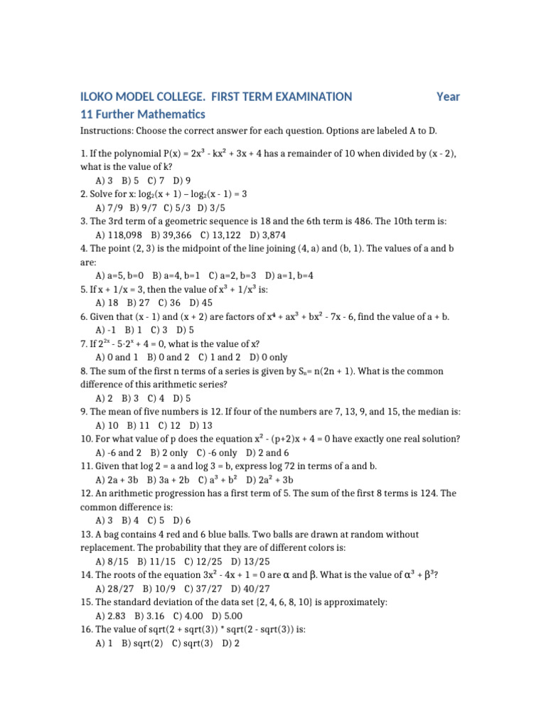 Year 11 Further Mathematics Exam Questions | PDF | Square Root ...